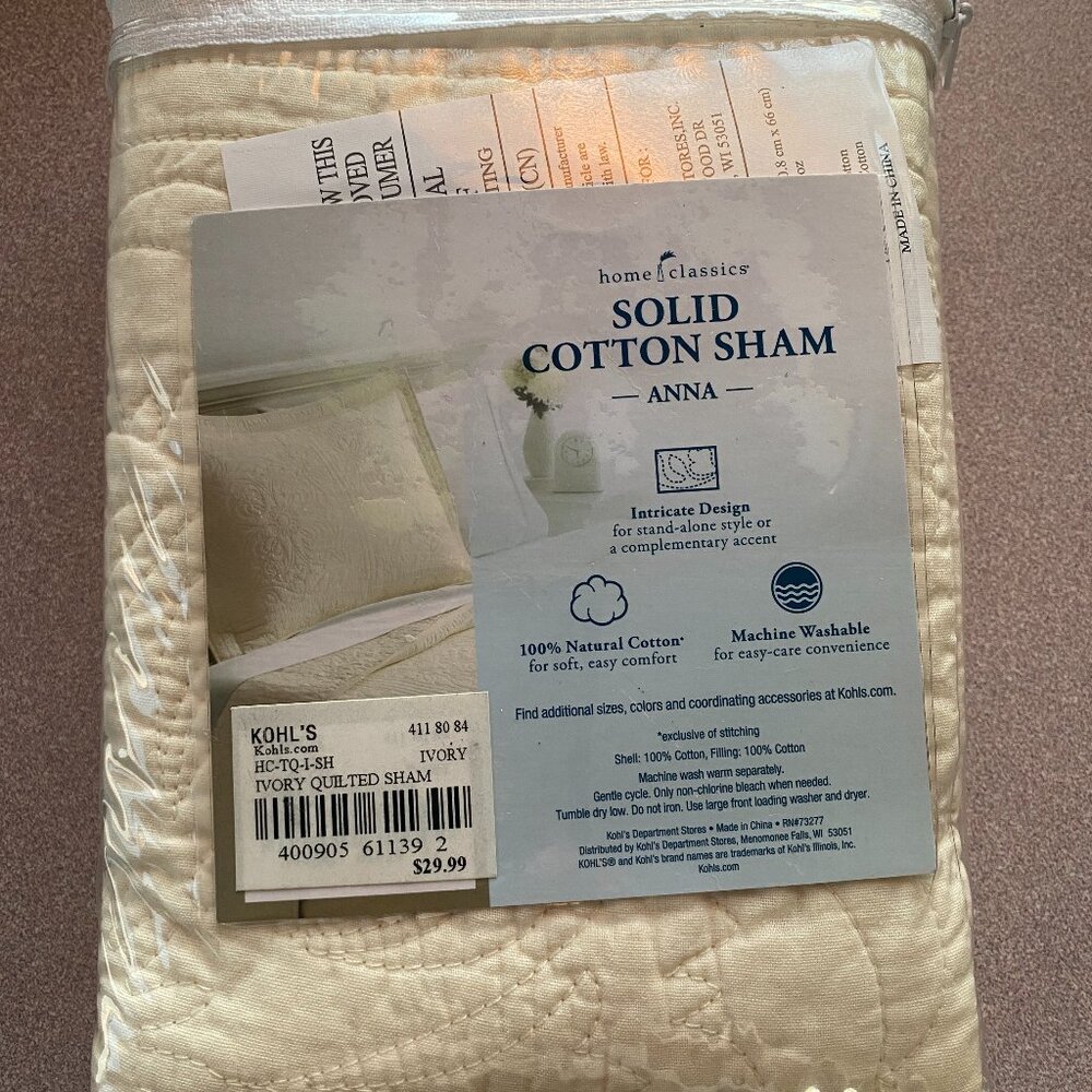 Home Classics Cotton "Anna" Sham Standard Quilted 20x26 New 100% Cotton